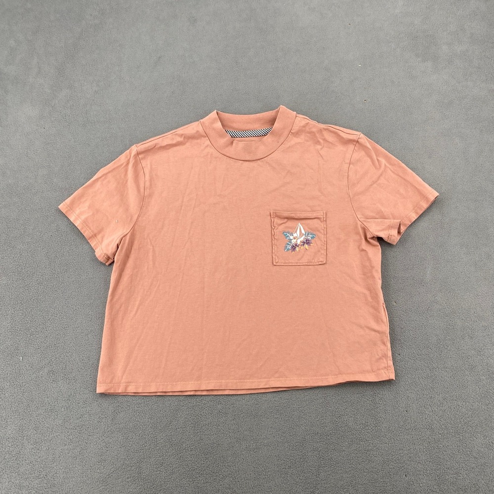 Volcom Womens Organic Cotton Crop Top Peach Tropical Wave Graphic Tee M B3512201